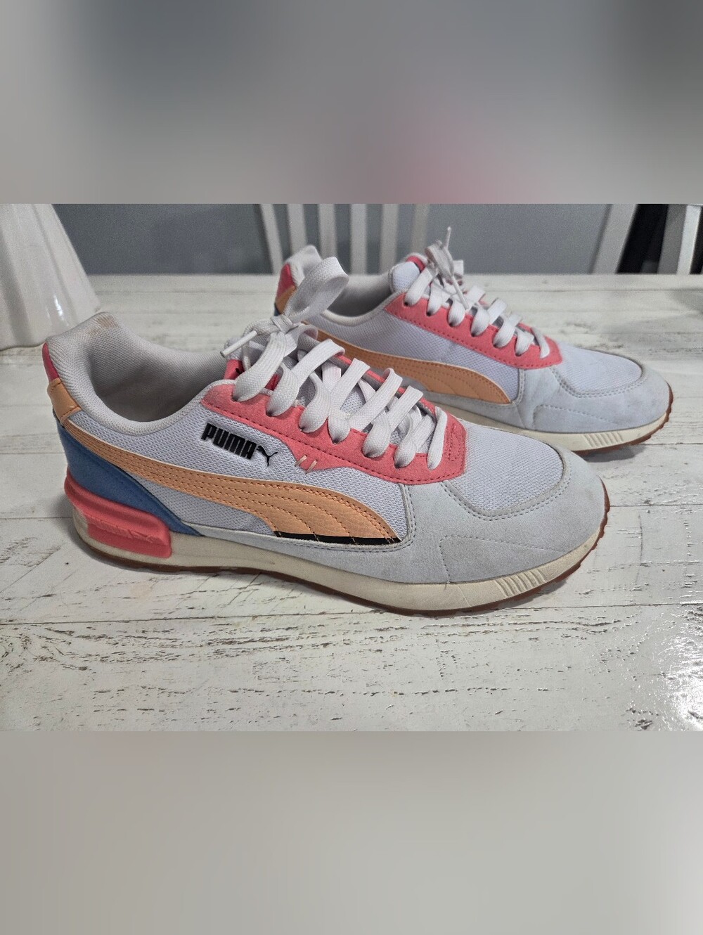 PUMA Women’s White Sneakers with Pink Blue and Peach Accents